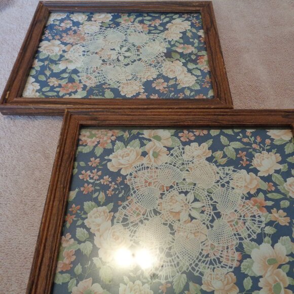 RETRO VINTAGE FRAMED DOILYS & FLORALS PAPERS PICTURES UNDER GLASS SET 2 - Picture 4 of 6